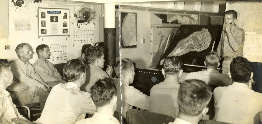Fourth Marine Division, 1945. Mission briefing for amphibious assault of Iwo Jima, Japan.