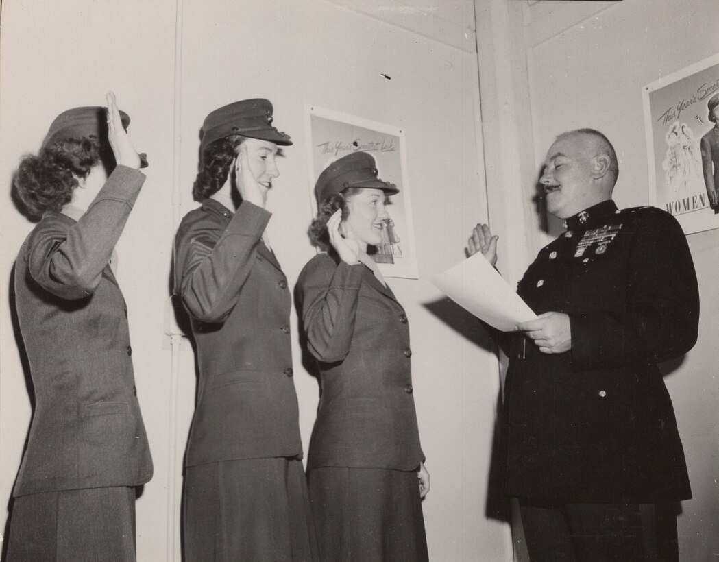 1st Marine Corps Recruiting District, Boston, MA, April 27, 1949. These Women Marines are sworn into service to begin the formation of the Women’s Organized Marine Corps Reserve unit in Boston.
