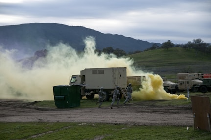 U.S. Army Reserve Soldiers react to contact during Combat Support Training Exercise 78-16-01 at Fort Hunter Liggett, Calif.. Nearly 40 units from the U.S. Army Reserve, U.S. Air Force and Canadian Armed Forces trained at Joint Base McGuire-Dix-Lakehurst, N.J.; Fort Knox, Ky. and Fort Hunter Liggett, Calif., as part of the 84th Training Command's CSTX 78-16-01. This exercise marks the first CSTX of 2016 and is hosted by the 78th Training Division. (U.S. Army photo by Staff Sgt. Debralee Best)