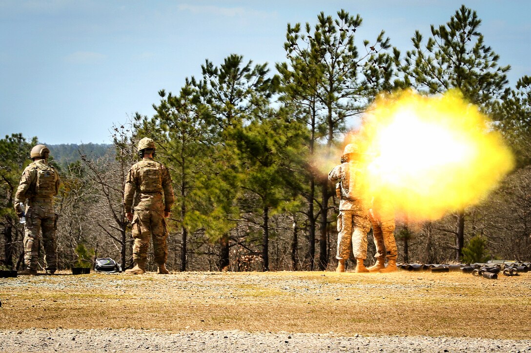 An Army paratrooper fires a Carl Gustav M3 84 mm recoilless rifle during a live-fire certification course on Fort Bragg, N.C., March 9, 2016. Army photo by Sgt. Juan F. Jimenez