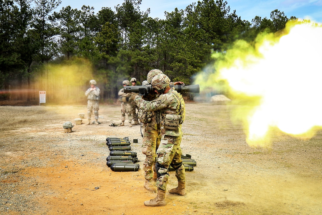 Army Spc. Michael A. Burton, foreground, fires a Carl Gustav M3 84 mm recoilless rifle during a live-fire certification course on Fort Bragg, N.C., March 9, 2016. Burton is an infantryman assigned to the 82nd Airborne Division’s 2nd Battalion, 504th Parachute Infantry Regiment, 1st Brigade Combat Team. Army photo by Sgt. Juan F. Jimenez