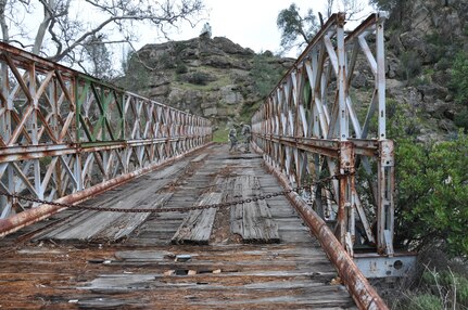 The Bailey Bridge on Fort Hunter Liggett, Calif., was surveyed by the 650th Survey and Design Team and the 368th Engineer Battalion construction management team during Combat Support Training Exercise 78-16-01. Nearly 40 units from the U.S. Army Reserve, U.S. Air Force and Canadian Armed Forces trained at Joint Base McGuire-Dix-Lakehurst, N.J., Fort Knox, Ky. and Fort Hunter Liggett, Calif., as part of the 84th Training Command's CSTX 78-16-01. This exercise marks the first CSTX of 2016 and is hosted by the 78th Training Division. (Courtesy photo)