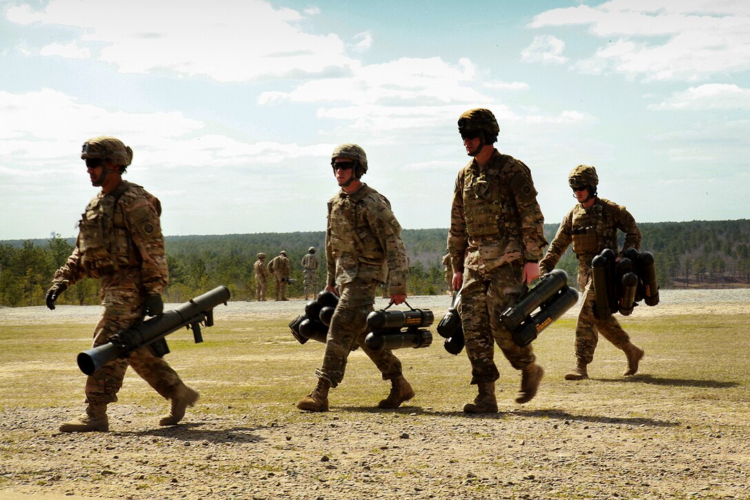 Army paratroopers walk off the range after firing the Carl Gustav M3 84 mm recoilless rifle during a certification course on Fort Bragg, N.C., March 9, 2016. Army photo by Sgt. Juan F. Jimenez
