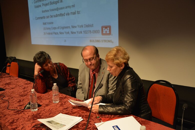 Gene Brickman, deputy chief of planning, U.S. Army Corps of Engineers, New York District, receives feedback from residents on a potential flood risk reduction feature during  the Village of Mamaroneck Public Information Meeting, Mamaroneck, N.Y., February 25, 2016. The U.S. Army Corps of Engineers, in conjunction with New York State Department of Environmental Conservation, Westchester County, and the Village of Mamaroneck held a Public Information Meeting to inform the community of Mamaroneck about the proposed alternative plan selected for the Mamaroneck and Sheldrake Rivers Basin Flood Risk Reduction Project.(photo by: Hector Mosley, public affairs, New York District)