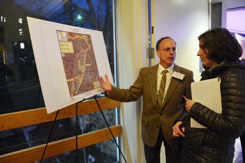 Ray Schembri, hydraulic engineer, U.S. Army Corps of Engineers, New York District, explains the benefits of the proposed alternative plan selected. The U.S. Army Corps of Engineers, in partnership with the New York State Department of Environmental Conservation, Westchester County, and the Village of Mamaroneck held a Public Information Meeting, Mamaroneck, N.Y., February 25, 2016. The public meeting inform the community  of Mamaroneck about the potential proposed alternative plan for the Mamaroneck and Sheldrake Rivers Basin Flood Risk Reduction Project.(photo by: Hector Mosley, public affairs specialist, New York District)

