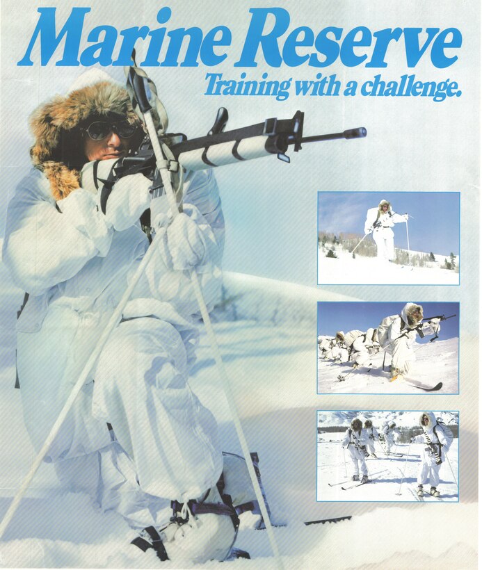 “Training with a challenge”, a Marine Corps Reserve recruiting poster.