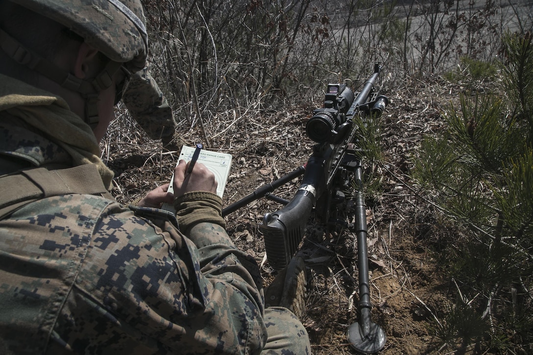 Marine Corps Lance Cpl. Brandon Delph reviews his range card during Exercise Ssang Yong 2016 in Pohang, South Korea, March 11, 2016. Marine Corps photo by Sgt. Briauna Birl