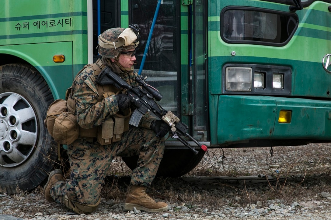 U.S. Marines with the 13th Marine Expeditionary Unit, conduct a simulated assault in an urban terrain training facility, March 14, 2016, during Exercise Ssang Yong 16 in Pohang, South Korea.  Exercise Ssang Yong 16 is a biennial military exercise focused on strengthening the amphibious landing capabilities of the Republic of Korea, the U.S., New Zealand and Australia. (U.S. Marine Corps photo by Sgt. Briauna Birl/RELEASED)