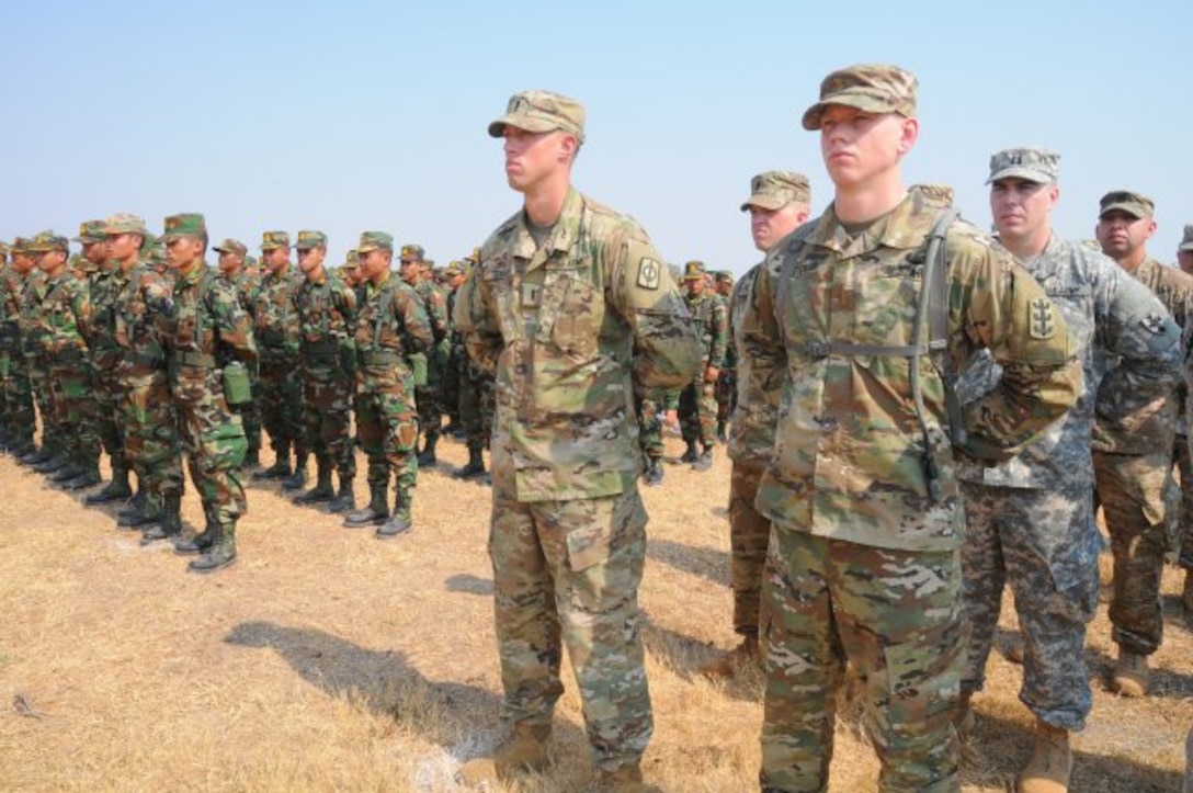 U.S. and Cambodian forces officially open Angkor Sentinel 2016, an annual bilateral military exercise hosted by the Royal Cambodian Armed Forces and sponsored by the U.S. Army Pacific, during a ceremony March 14, 2016, at the Training School for Multinational Peacekeeping Forces in Kampong Speu Province, Cambodia. Army photo by Master Sgt. Mary Ferguson