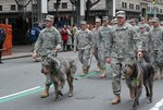 New York Army National Guard Soldiers of the 1st Battalion, 69th Infantry lead two Irish Wolfhounds, the mascots of the battalion, during the 2013 St. Patrick's Day Parade up 5th Avenue. The "Fighting 69th" traditionally leads the New York City St. Patrick's Day Parade.