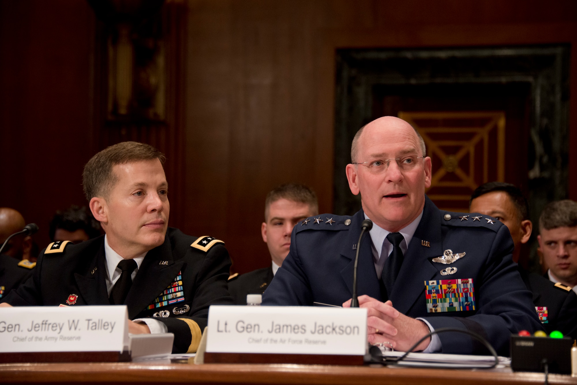 Lieutenant Gen. James F. Jackson, chief of Air Force Reserve and commander of Air Force Reserve Command, provides testimony before the Senate Appropriations Subcommittee at the Dirksen Senate Office Building, Washington D.C., March 16. The general addressed the Air Force Reserve posture for fiscal year 2017, to include challenges and solutions facing missions, manpower, modernization and military construction. (U.S. Air Force photo/Staff Sgt. Kat Justen)