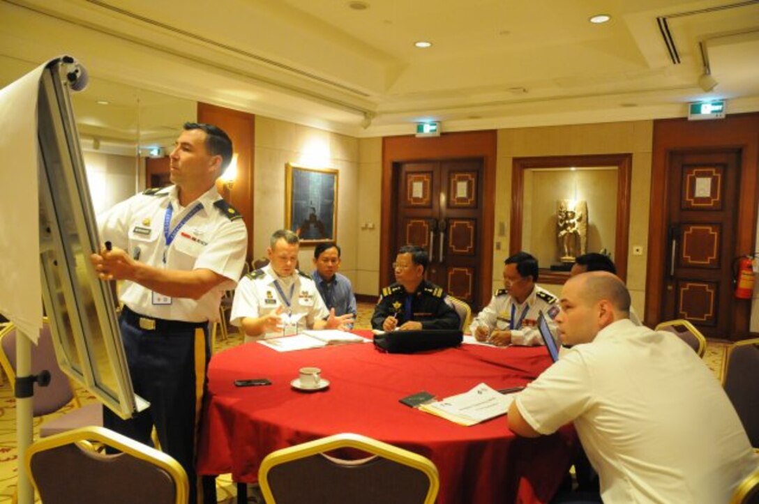 Joint, interagency and multinational sustainment experts gather in Phnom Penh, Cambodia, March 14, 2016, for Angkor Opening 2016, a week-long exchange and tabletop exercise designed to build partnerships, interoperability and readiness in humanitarian assistance and disaster relief port opening operations. Army photo by Master Sgt. Mary E. Ferguson