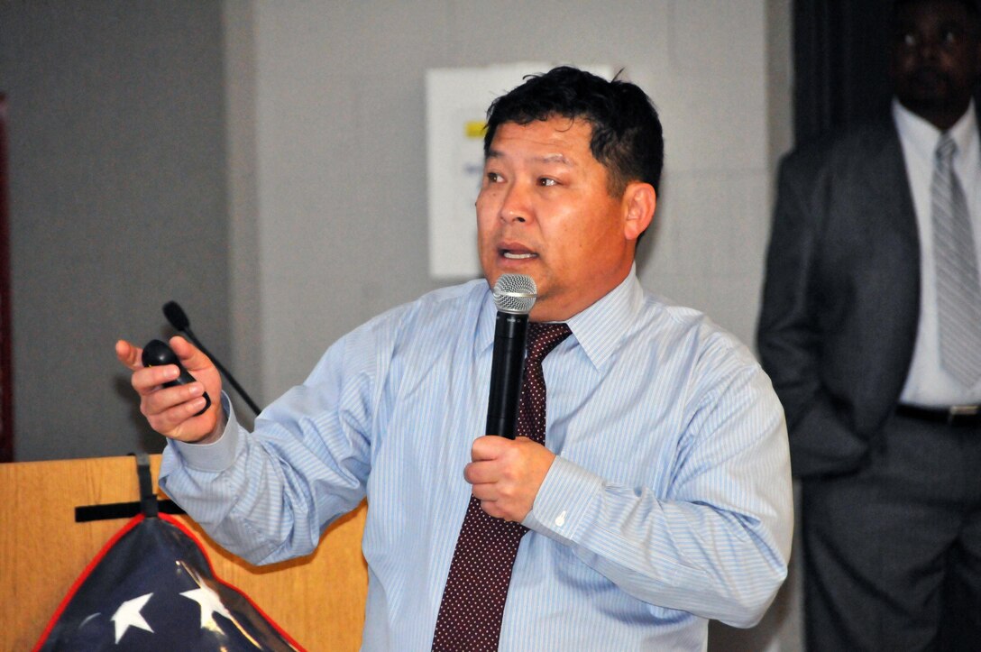 Anderson Armour, a human resources specialist in Casualty Operations at the
U.S. Army Reserve's 99th Regional Support Command at Joint Base McGuire-Dix-Lakehurst, New Jersey, goes over Military Funeral Honors procedures during a class March 15.