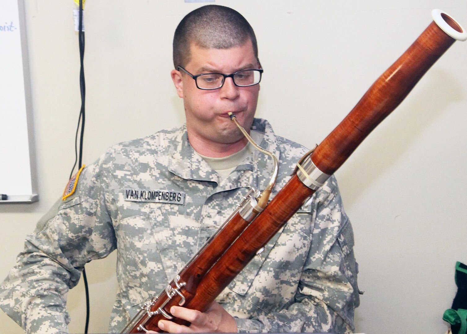 Spc. Martin “Doctor” Van Klompenberg plays bassoon during the 323rd Army Band’s woodwind quintet rehearsal March 3. The quintet was recently named the Army’s top musical performance team of the year in the woodwind ensemble category. The quintet’s winning submission was a performance of Van Klompenberg’s arrangement of a Beethoven piano sonata he originally created to honor the late Lt. Col. Brandon Darby at a recent memorial service.