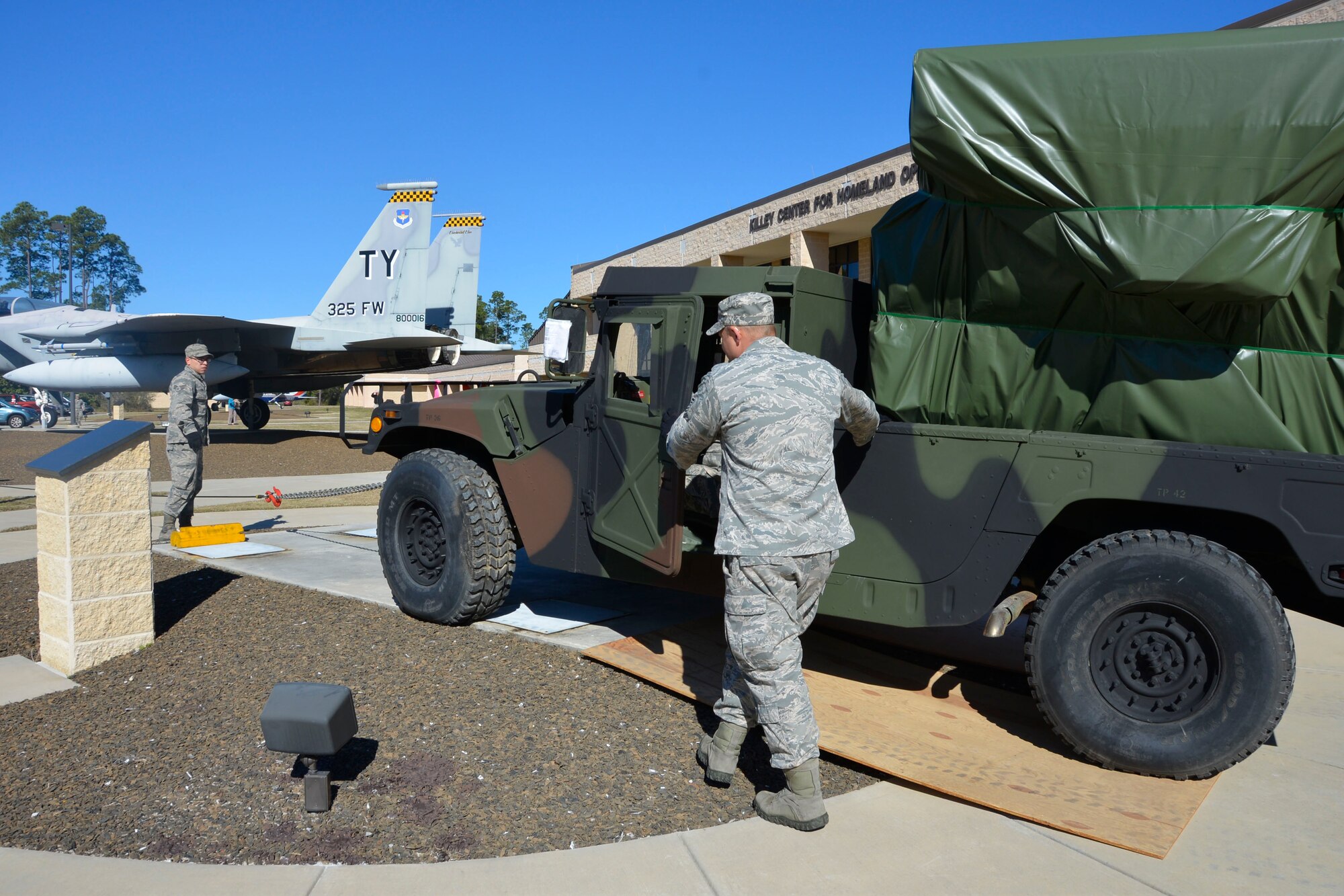 The Avenger Air -Defense System is pulled toward its final destination in front the Killey Center for Homeland Operations Feb. 18. 