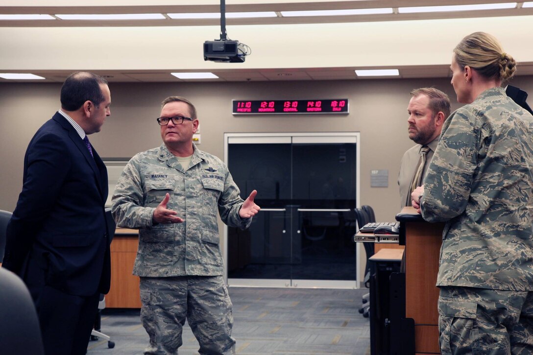 The Honorable Gabriel Camarillo, Assistant Secretary of the Air Force for Manpower and Reserve Affairs, was greeted by Brig. Gen. Samuel "Bo" Mahaney, Air Reserve Personnel Center commander, during his visit to the ARPC headquarters March 16, 2016 on Buckley Air Force Base, Colo. (U.S. Air Force photo/ Master Sgt. Christian Michael)