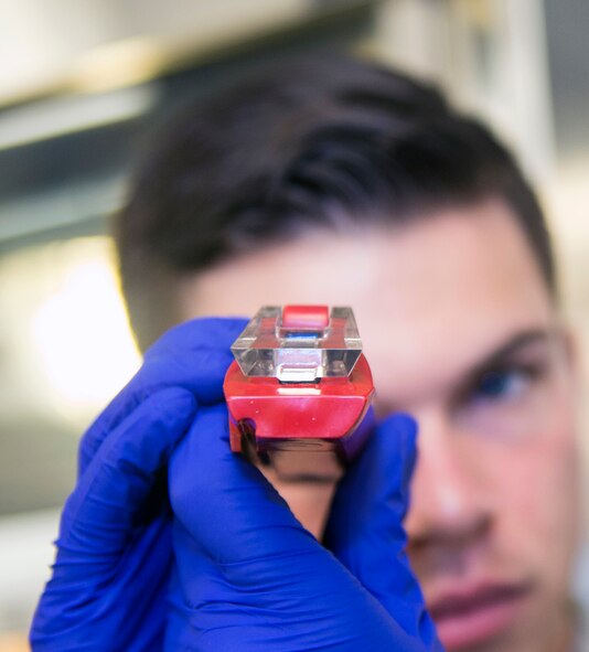 U.S. Air Force Senior Airman Zachary Stanley, 23d Logistics Readiness Squadron fuels laboratory technician, reads a fuels system icing inhibitor test result, March 16, 2016, at Moody Air Force Base, Ga. Stanley uses a refractometer to examine the test which is designed to prevent the water in fuel from freezing at high altitudes. (U.S. Air Force photo by Airman 1st Class Greg Nash/Released)