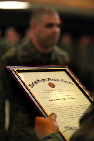 NAVAL SUPPORT FACILITY INDIAN HEAD, Md. – Lafayette, La.- Native Nester G. Antoine Jr., a Marine Military Policeman and Reaction Force Company Gunnery Sergeant, with Chemical Biological Incident Response Force (CBIRF), U.S. Marine Forces Command (MARFORCOM), is promoted (frocked) to the rank of master sergeant at Chemical Biological Incident Response Force (CBIRF), Indian Head, Md., March 1, 2016. When directed, CBIRF forward-deploys and/or responds with minimal warning to a chemical, biological, radiological, nuclear or high-yield explosive (CBRNE) threat or event in order to assist local, state, or federal agencies and the geographic combatant commanders in the conduct of CBRNE response or consequence management operations, providing capabilities for command and control; agent detection and identification; search, rescue, and decontamination; and emergency medical care for contaminated personnel. (Official USMC Photo by Sgt. Santiago G. Colon Jr./Released) 