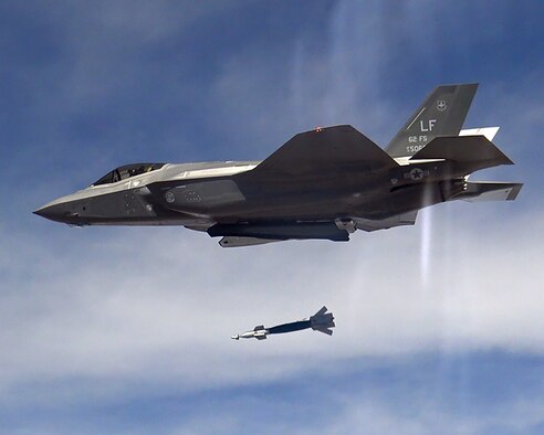 The F-35A Lightning II program took another step toward initial operational capability yesterday when two aircraft assigned to the 62nd Fighter Squadron successfully employed four laser-guided bombs on the Barry M. Goldwater Range.