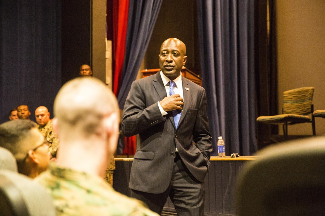 Retired Sgt. Maj. Carlton W. Kent, the 16th Sergeant Major of the Marine Corps, shares his career experiences with Marines during a leadership panel at the station theater aboard Marine Corps Air Station Yuma, Ariz., Tuesday, March 8, 2016.