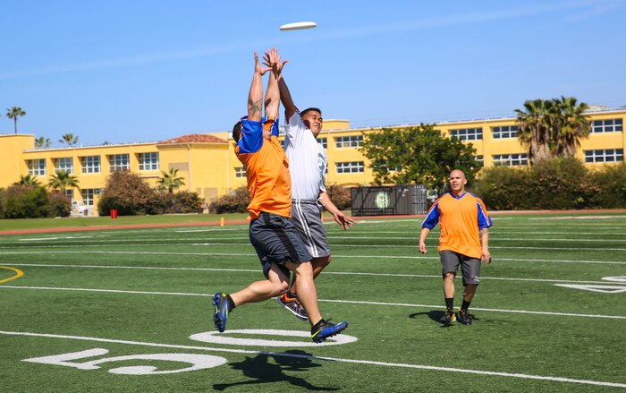 Participants in the Commanding General’s Cup Ultimate Frisbee Tournament compete against each other at the track and field area on Marine Corps Recruit Depot San Diego, March 15. Each match lasted for five minutes, and the team with the most points would move on in the tournament.