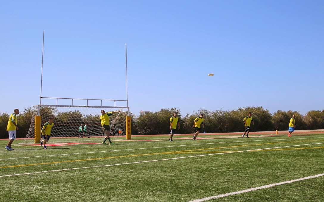 Participants in the Commanding General’s Cup Ultimate Frisbee Tournament compete against each other at the track and field area on Marine Corps Recruit Depot San Diego, March 15. Each match started with a coin toss to see who would have the first chance at scoring. The CG’s Cup holds several sports tournaments throughout the year including volleyball and basketball.