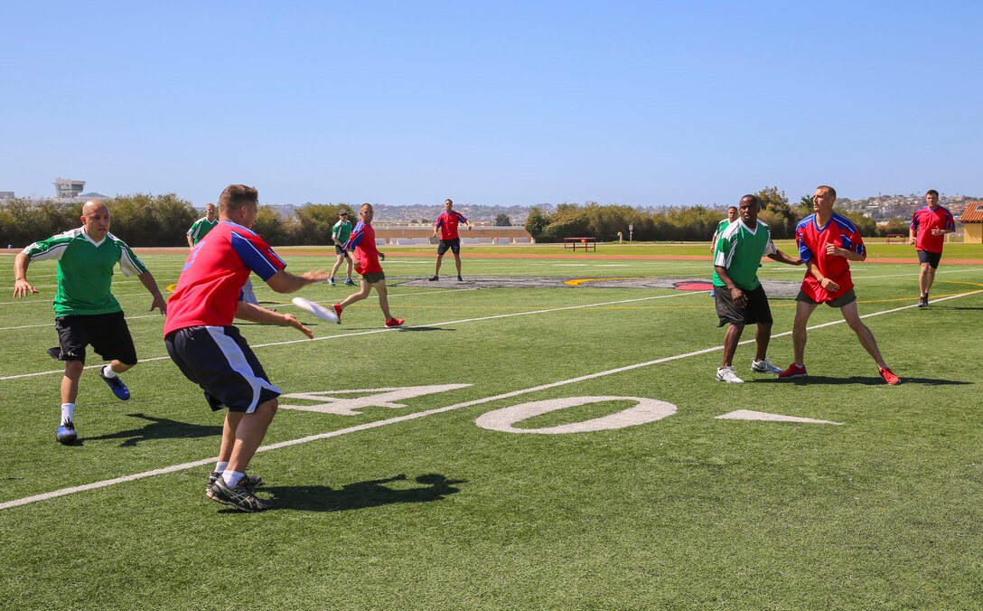 Participants in the Commanding General’s Cup Ultimate Frisbee Tournament compete against each other at the track and field area on Marine Corps Recruit Depot San Diego, March 15. Each match consisted of two five-minute rounds and a three-minute break during half time.