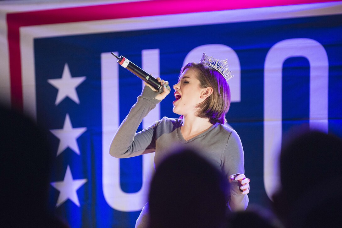 Betty Cantrell, Miss America 2016, performs for troops and family members during the USO spring entertainment tour on Camp Hansen, Japan, March 13, 2016. DoD photo by Army Staff Sgt. Sean K. Harp