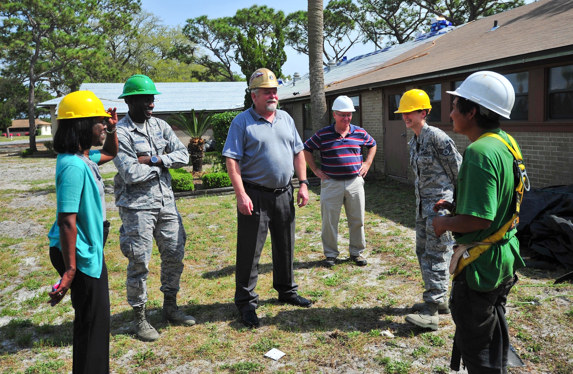 Members of the 325th Contracting Squadron perform an on-site inspection March 16 on Tyndall Air Force Base. During one of these visits, members of the squadron ensure the contract workers are following all the required guidelines. (U.S. Air Force photo by Senior Airman Dustin Mullen/Released)