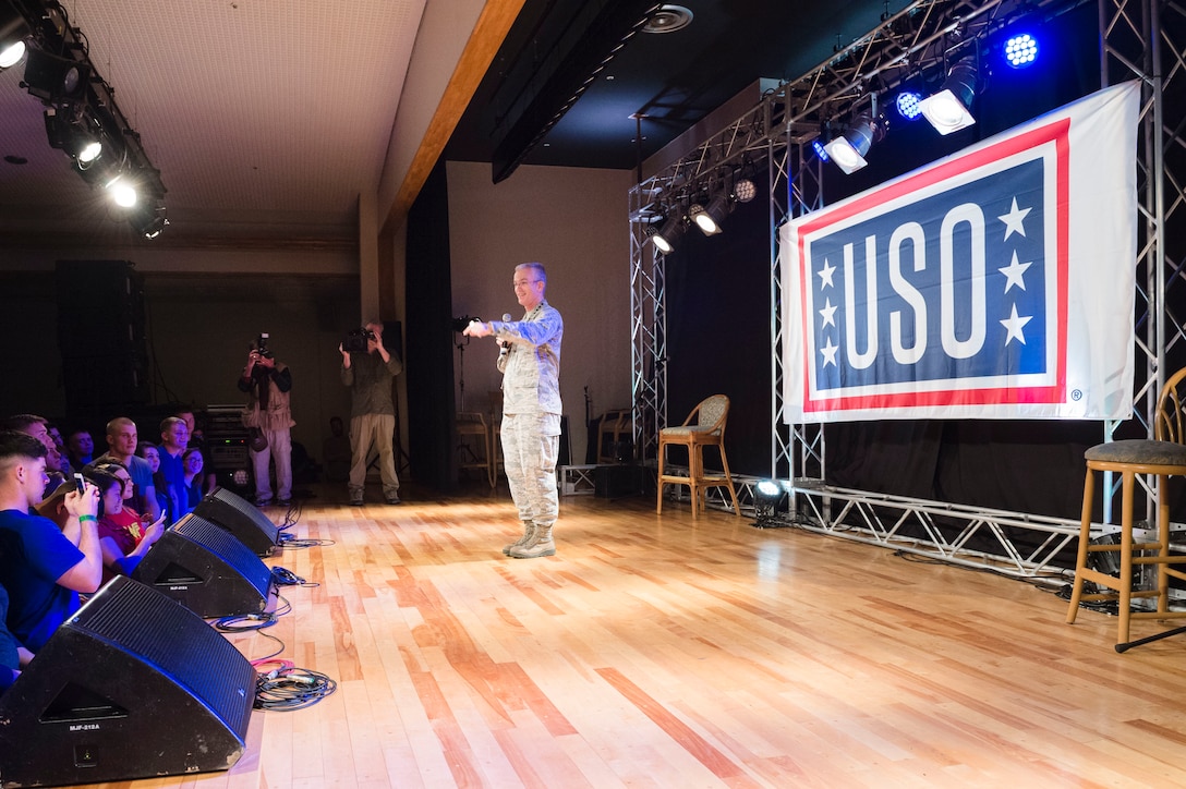 Air Force Gen. Paul J. Selva, vice chairman of the Joint Chiefs of Staff, talks to troops and family members before a USO spring entertainment tour show on Camp Hansen, Japan, March 13, 2016. DoD photo by U.S. Army Staff Sgt. Sean K. Harp