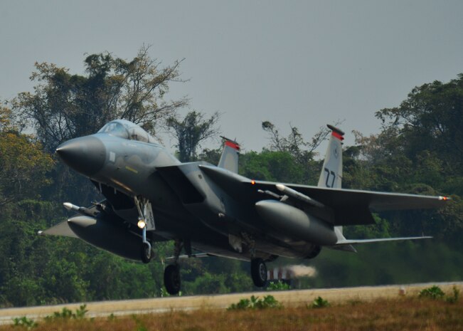 An F-15 Eagle, from 67th Fight Squadron, Kadena Air Base, Japan, lands during Exercise Cope Tiger 16, on Korat Royal Thai Air Force Base, Thailand, March 11, 2016. Exercise Cope Tiger 16 includes over 1,200 personnel from three countries and continues the growth of strong, interoperable and beneficial relationships within the Asia-Pacific Region, while demonstrating U.S. capability to project forces strategically in a combined, joint environment. (U.S. Air Force Photo by Tech Sgt. Aaron Oelrich/Released)