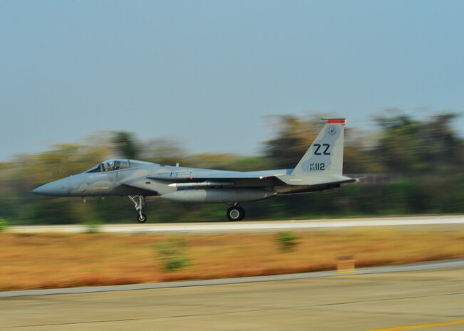 An F-15 Eagle, from 67th Fight Squadron, Kadena Air Base, Japan, takes off during Exercise Cope Tiger 16, on Korat Royal Thai Air Force Base, Thailand, March 11, 2016. Exercise Cope Tiger 16 includes over 1,200 personnel from three countries and continues the growth of strong, interoperable and beneficial relationships within the Asia-Pacific Region, while demonstrating U.S. capability to project forces strategically in a combined, joint environment. (U.S. Air Force Photo by Tech Sgt. Aaron Oelrich/Released)