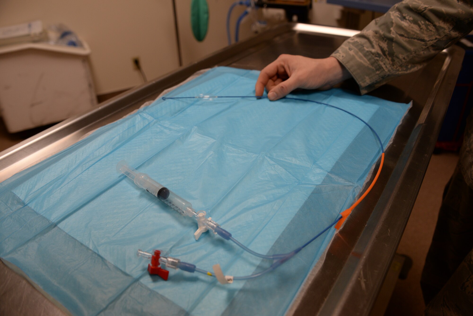 The REBOA catheter is a device that is inserted into a hemorrhaging vessel and stops or slows the blood flow to that injury while allowing blood flow to continue to vital organs and body parts. (U.S. Air Force photo by Senior Airman Amber Carter)