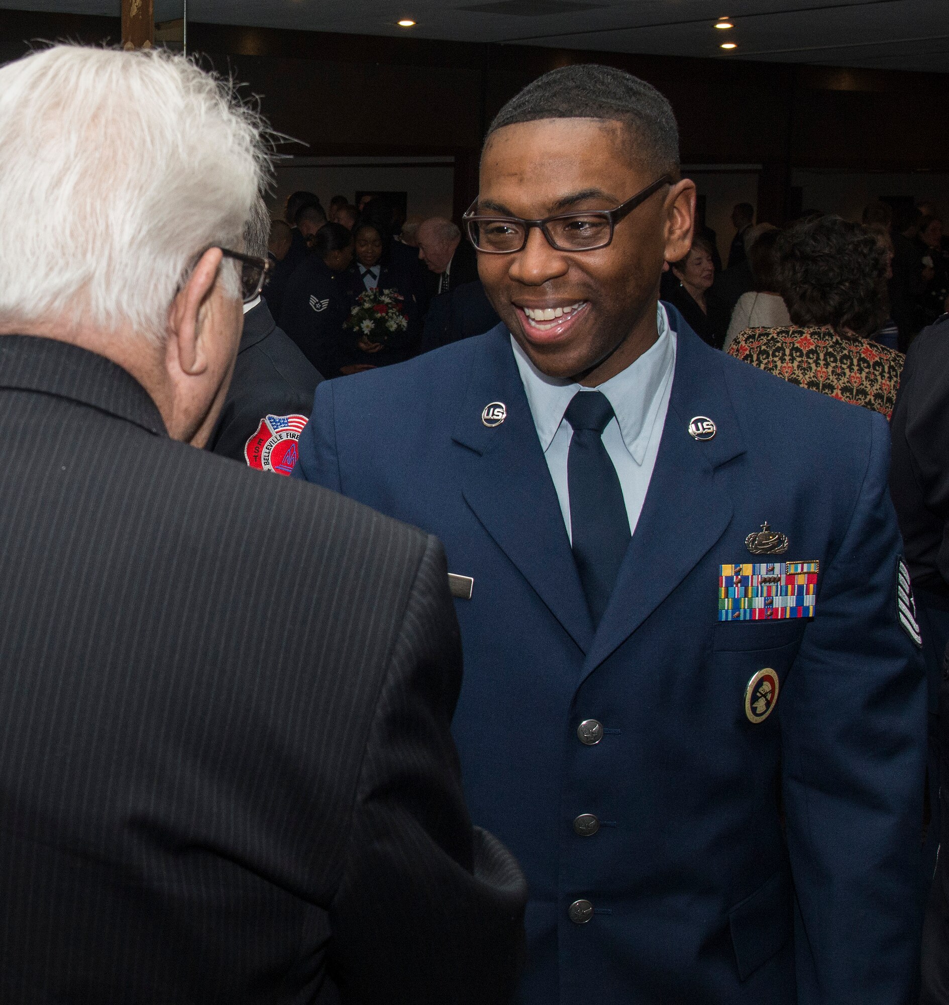 The Enlisted Response was provided by Tech. Sgt. Jibri Perry, 375th Force Support Squadron, Scott Air Force Base Honor Guard superintendent. He shared the story of his enlistment and the words of wisdom his mother shared 1) don’t embarrass me and 2) enunciate. When he learned he was selected to provide the enlisted response and he went home to Indiana over the weekend to tell his mother, her words of advice remained true 1) don’t embarrass me and 2) enunciate. (U.S. Air Force Photo by Airman Daniel Garcia)