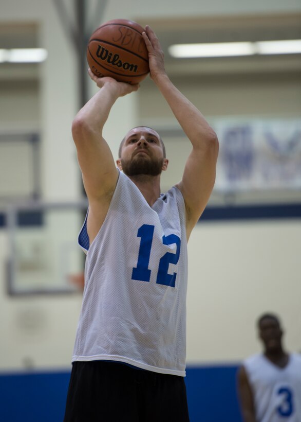 James Barnes, center for the Langley All-Stars, shoots  free-throws during the Joint Base Langley-Eustis all-star basketball game at Langley Air Force Base, Va., March 9, 2016. Barnes finished the game with 18 points and was close to having double digits in both the scoring and rebounding statistical categories. (U.S. Air Force photo by Staff Sgt. J.D. Strong II)
