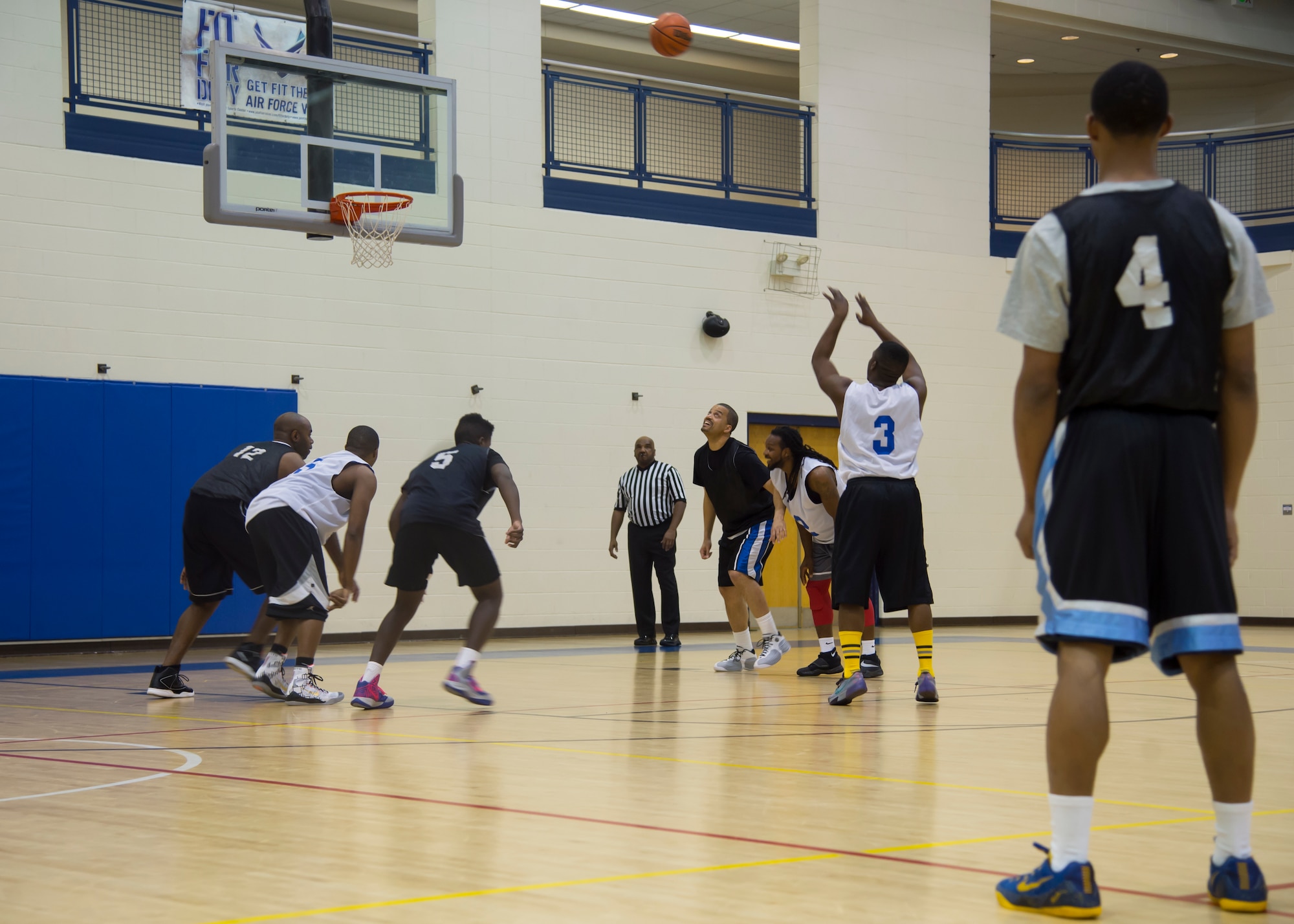 Sterling Sanders, shooting guard for the Langley All-Stars, shoots a free-throw during the Joint Base Langley-Eustis all-star basketball game at Langley Air Force Base, Va., March 9, 2016. Sanders was fouled and sent to the free-throw line where he missed both attempts. (U.S. Air Force photo by Staff Sgt. J.D. Strong II)