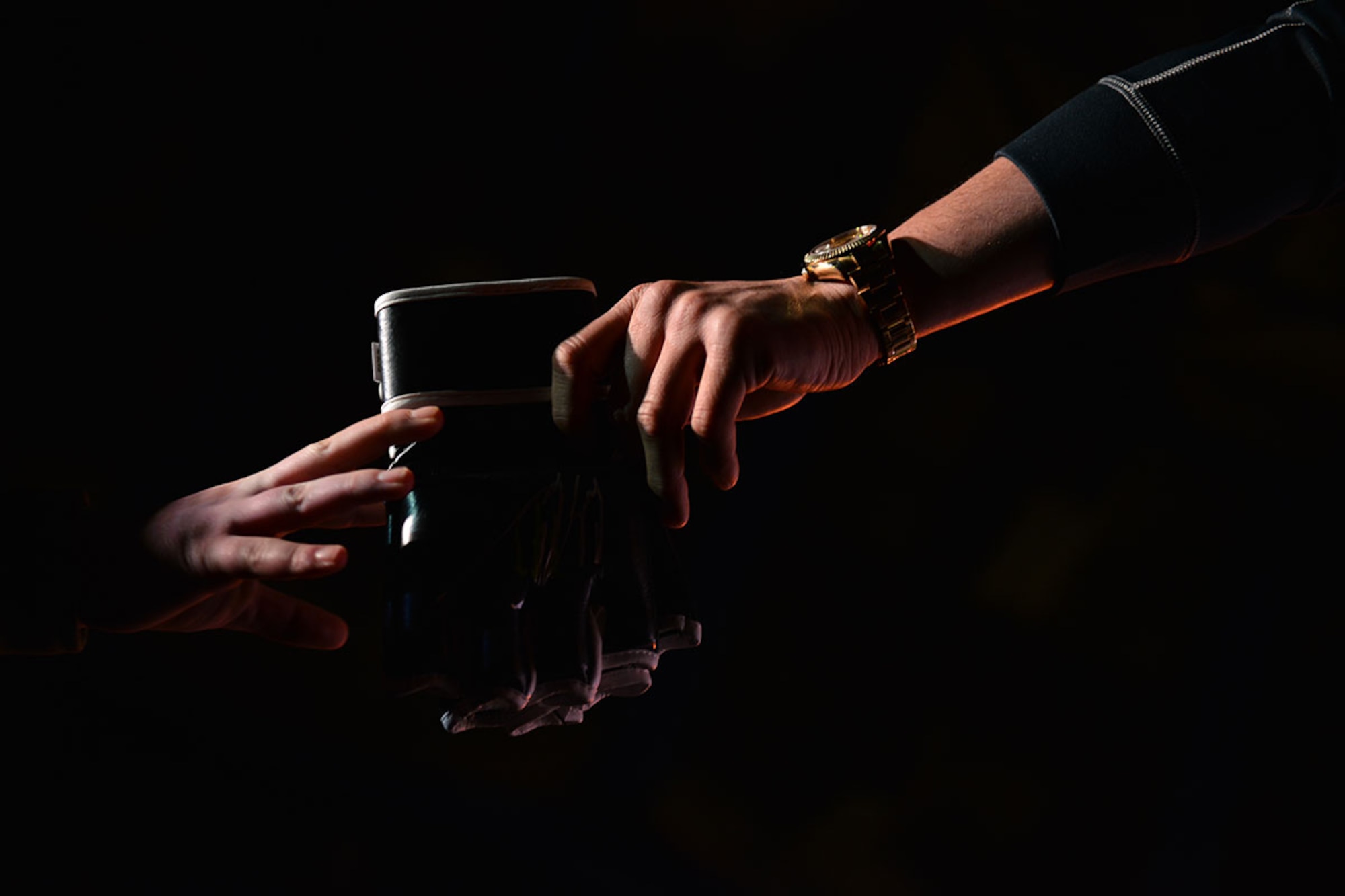 Ultimate Fighting Championship fighter Anthony Pettis hands a pair of signed fighting gloves to a boy in the crowd at the USO Spring 2016 Entertainment Tour March 12, in the Buckner Physical Fitness Center at Joint Base Elmendorf-Richardson. The tour was led by Air Force Gen. Paul Selva, 10th Vice Chairman of the Joint Chiefs of Staffs, who used this as an opportunity to visit Arctic Warriors. (U.S. Air Force photo by Airman 1st Class Kyle Johnson)