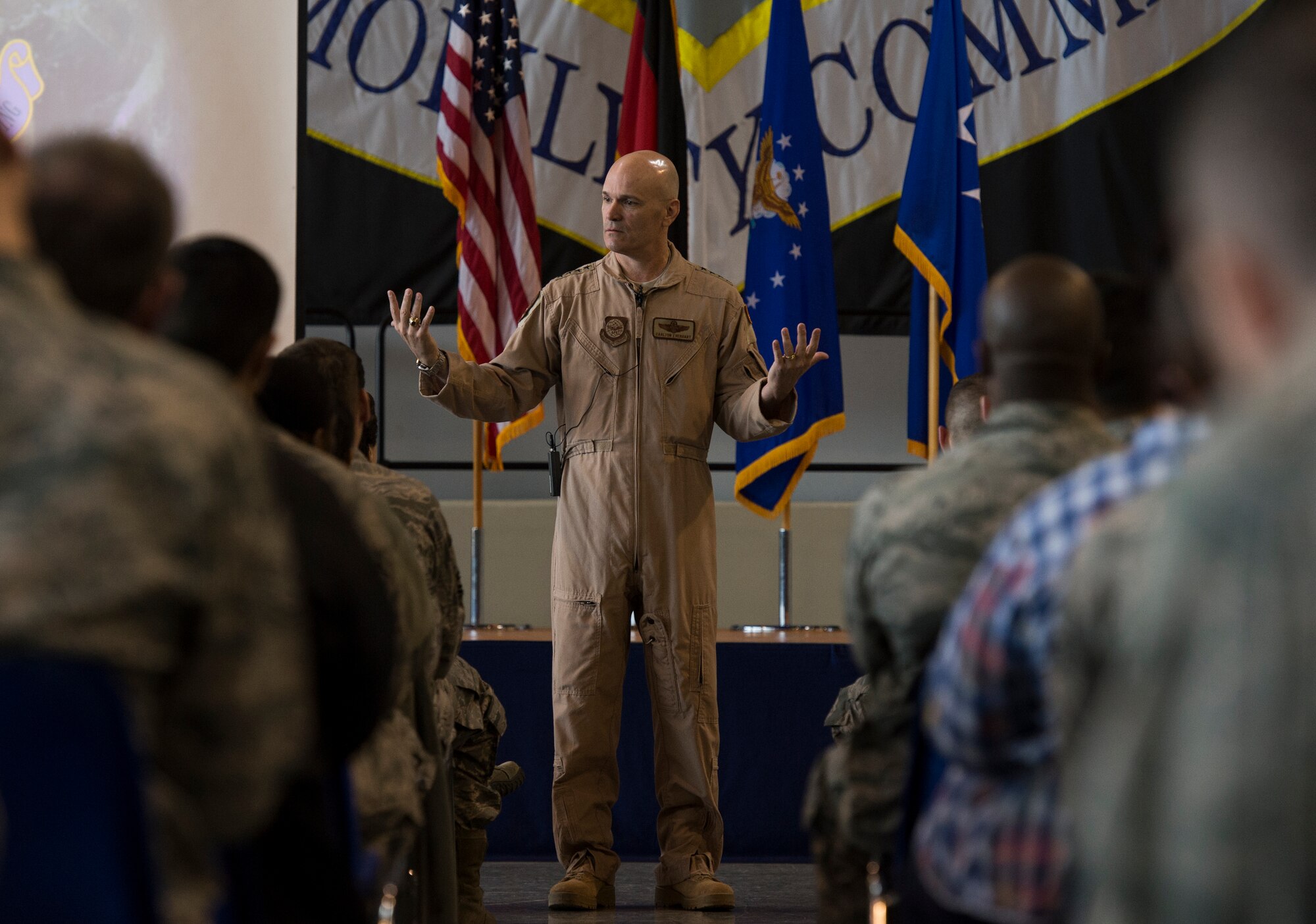 Gen. Carlton D. Everhart, Air Mobility Command commander, talks with Airmen from the 521st Air Mobility Operations Wing during his visit at Ramstein Air Base, Germany, March 10, 2016. The general visited the 521st Airmen to see how they perform their day to day jobs and contribute to global reach. (U.S. Air Force photo/Senior Airman Jonathan Stefanko)