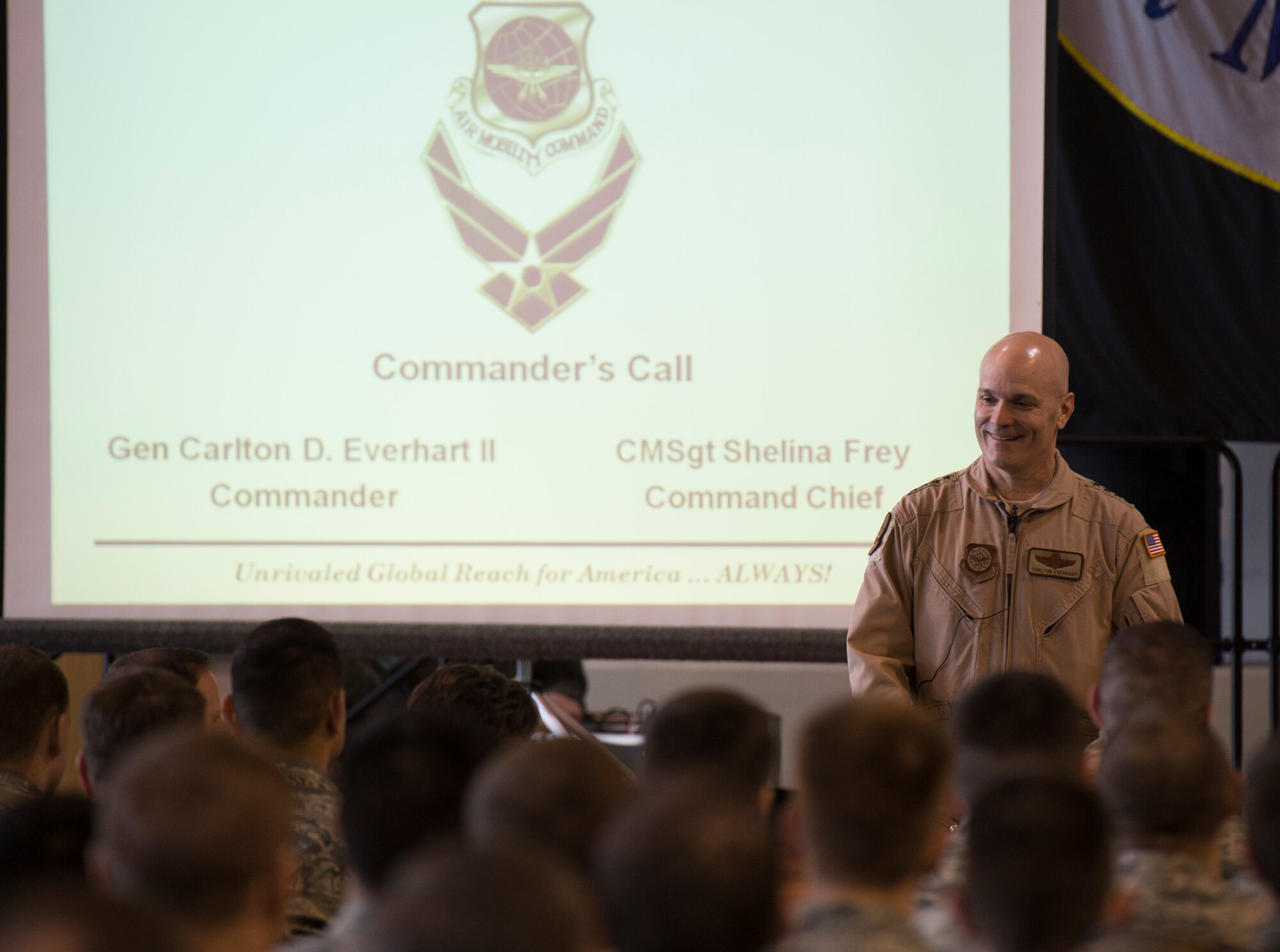 Gen. Carlton D. Everhart, Air Mobility Command commander, talks with Airmen from the 521st Air Mobility Operations Wing during his visit at Ramstein Air Base, Germany, March 10, 2016. The general visited the 521st Airmen to see how they perform their day to day jobs and contribute to global reach. (U.S. Air Force photo/Senior Airman Jonathan Stefanko)