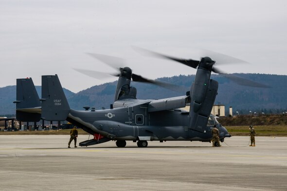 A CV-22B Osprey assigned to the 7th Special Operations Squadron from RAF Mildenhall, England, is parked at Ramstein Air Base, Germany, March 15, 2016. Ramstein provides a hub for transient aircraft to carry out world-wide missions any time anywhere. (U.S. Air Force photo/Senior Airman Nicole Sikorski)