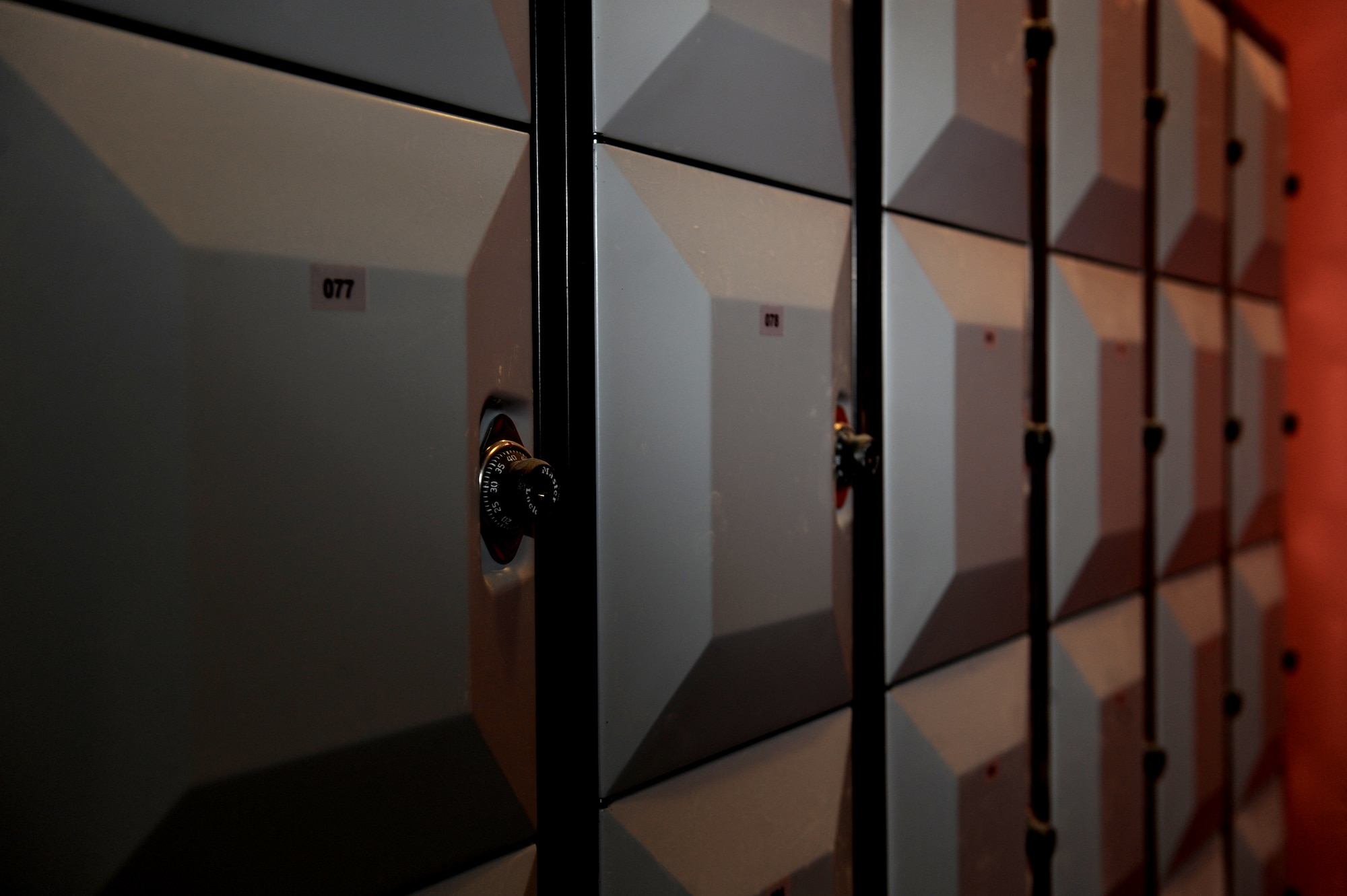 Newly installed lockers stand in the new Whiteman Bowling Center at Whiteman Air Force Base, Mo., Feb. 23, 2016. Patrons will have access to an upgraded entertainment system, a large game room, lockers, equipment rentals, party rooms and a pro shop in the new facility.
(U.S. Air Force photo by Tech Sgt. Miguel Lara)
