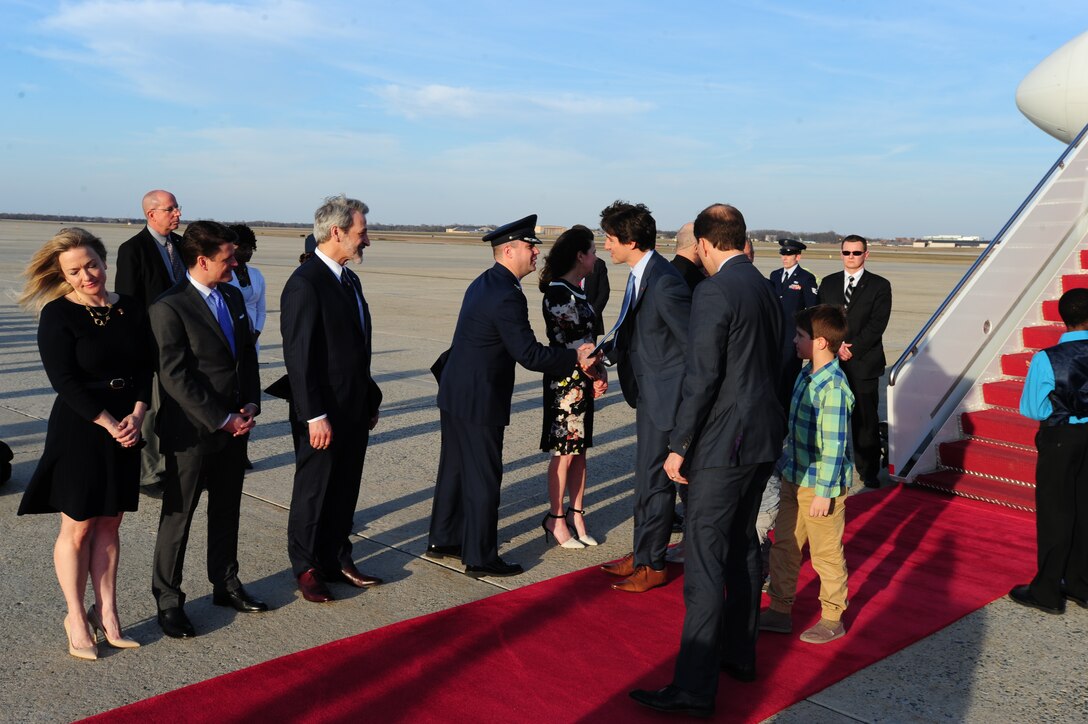 Canadian Prime Minister Justin Trudeau is greeted by Canadian Embassy representatives and Joint Base Andrews leadership at JBA, Md., March 11, 2016. Trudeau arrives for his first U.S. state visit as Canada’s newest PM to strengthen U.S.-Canadian relations. (U.S. Air Force photo by Senior Airman Joshua R. M. Dewberry/RELEASED)