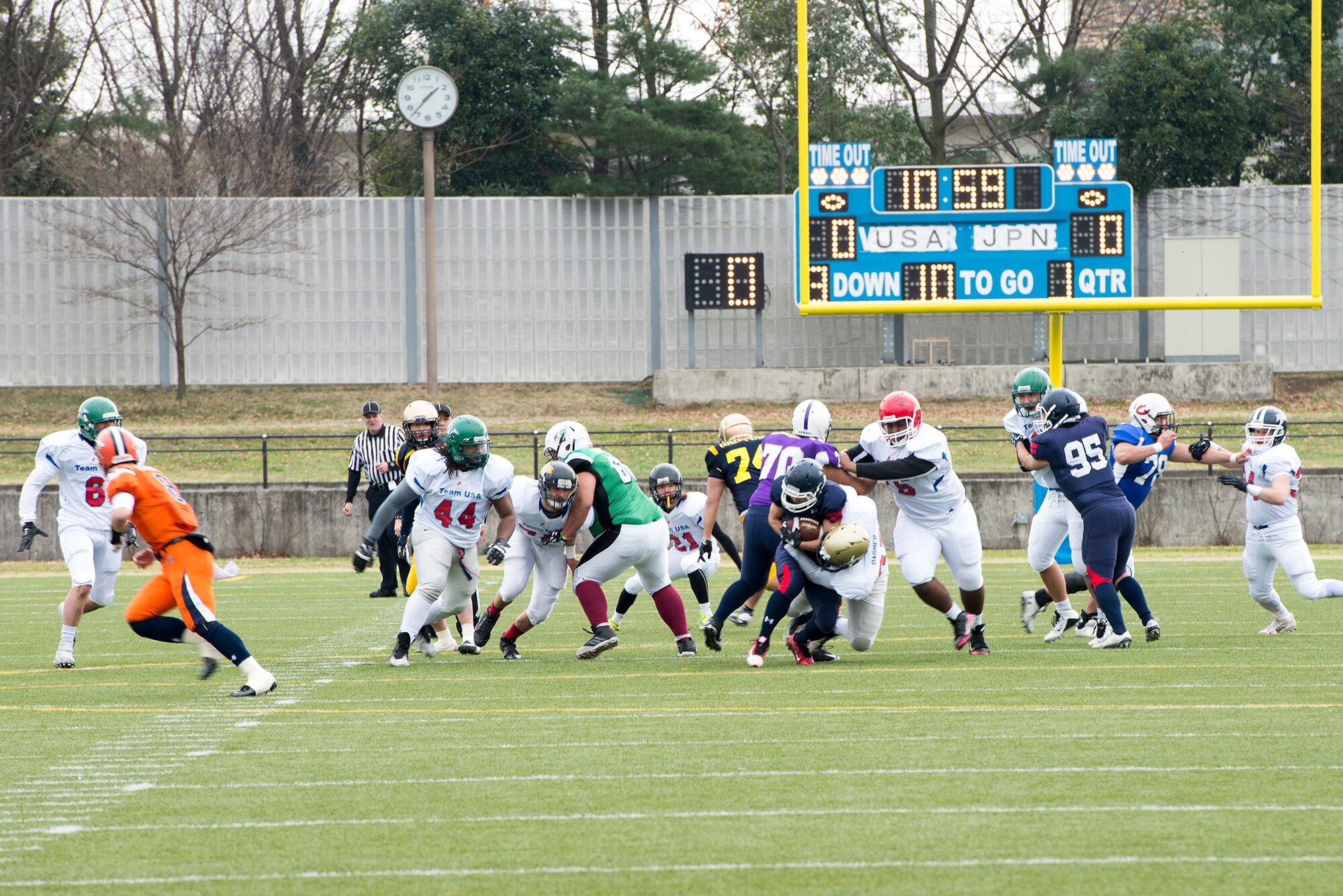 High school students and college freshman participate in Tomodachi Bowl 2016 at Amino Vital Stadium, Tokyo, Japan, March 13, 2016. Team USA won the game with a final score of 26-6. (U.S. Air Force photo by Senior Airman David C. Danford/Released)