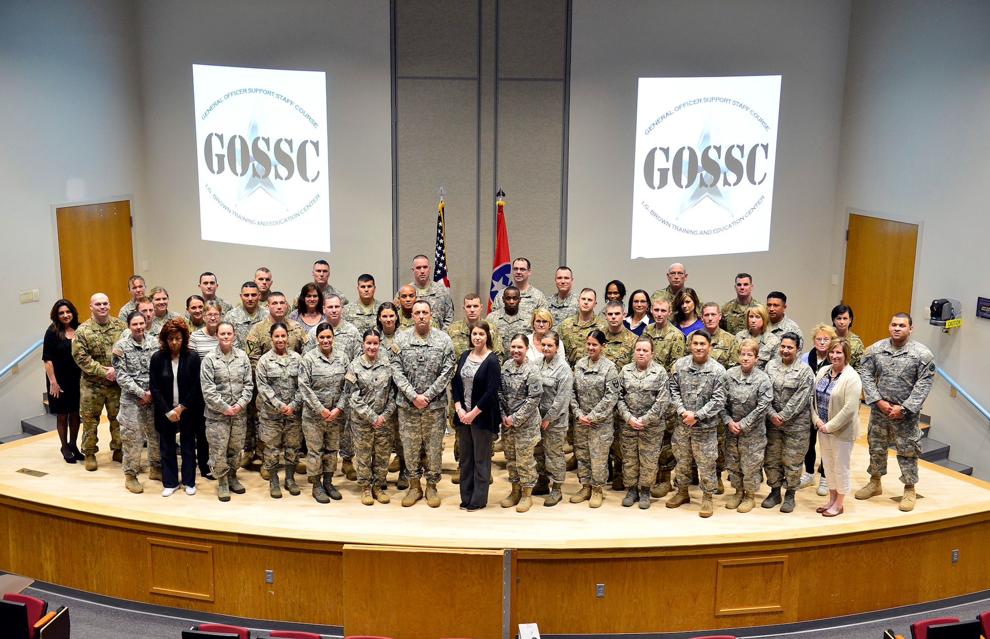MCGHEE TYSON AIR NATIONAL GUARD BASE, Tenn. - Soldiers, Airmen and civilians assigned to general officers take a group photo at the I.G. Brown Training and Education Center here March 15, 2016, during the General Officer Support Staff Course. (U.S. Air National Guard photo by Master Sgt. Jerry Harlan/Released)