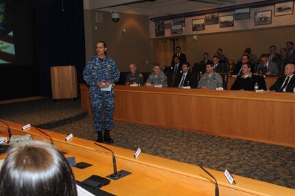 U.S. Navy Adm. Cecil D. Haney (standing), U.S. Strategic Command (USSTRATCOM) commander, provides the opening remarks during USSTRATCOM's National Nuclear Command, Control and Communications (NNC3) Stakeholders meeting at Offutt Air Force Base, Neb., March 16, 2016. During the meeting, senior leaders from various Department of Defense organizations discussed issues related to NNC3 and participated in a tabletop exercise. These recurring forums are designed to assess the health and direction of the nation's strategic forces, including ICBM, ballistic missile submarine, bomber and supporting tanker forces, as well as sensors and communication networks. Haney said this particular event &ldquo;fostered rich discussions with stakeholders on how to ensure survivable, endurable command and control throughout the spectrum of conflict.&rdquo; One of nine DoD unified combatant commands, USSTRATCOM has global strategic missions, assigned through the Unified Command Plan, which include strategic deterrence; space operations; cyberspace operations; joint electronic warfare; global strike; missile defense; intelligence, surveillance and reconnaissance; combating weapons of mass destruction; and analysis and targeting. (USSTRATCOM photo by Steve Cunningham)