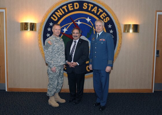 U.S. Army Maj. Gen. Allen W. Batschelet (left), U.S. Strategic Command (USSTRATCOM) chief of staff; Mr. Jamshed Merchant (center), Consul General for Canada in the upper Midwest; and Royal Canadian Air Force Col. Kevin F. Bryski, USSTRATCOM Canadian liaison officer, pose for a photo during Merchantâ€™s visit to USSTRATCOM Headquarters, Offutt Air Force Base, Neb., March 16, 2016. While here, Merchant held discussions with senior leaders and subject matter experts from the command to learn about USSTRATCOMâ€™s global strategic missions. Hosting Merchantâ€™s visit to USSTRATCOM Headquarters supports the commandâ€™s ongoing effort to build, sustain and support partnerships with ally nations and was also part of his trip across Nebraska in recognition of "Canada Week" in the state. One of nine DoD unified combatant commands, USSTRATCOM has global strategic missions, assigned through the Unified Command Plan, which include strategic deterrence; space operations; cyberspace operations; joint electronic warfare; global strike; missile defense; intelligence, surveillance and reconnaissance; combating weapons of mass destruction; and analysis and targeting. (USSTRATCOM photo by Steve Cunningham)