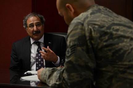 Mr. Jamshed Merchant, Consul General for Canada in the upper Midwest, conducts an interview during his visit to U.S. Strategic Command (USSTRATCOM) Headquarters, Offutt Air Force Base, Neb., March 16, 2016. While here, Merchant held discussions with senior leaders and subject matter experts from the command to learn about USSTRATCOMâ€™s global strategic missions. Hosting Merchantâ€™s visit to USSTRATCOM Headquarters supports the commandâ€™s ongoing effort to build, sustain and support partnerships with ally nations and was also part of his trip across Nebraska in recognition of "Canada Week" in the state. One of nine DoD unified combatant commands, USSTRATCOM has global strategic missions, assigned through the Unified Command Plan, which include strategic deterrence; space operations; cyberspace operations; joint electronic warfare; global strike; missile defense; intelligence, surveillance and reconnaissance; combating weapons of mass destruction; and analysis and targeting. (USSTRATCOM photo by U.S. Air Force Master Sgt. April Wickes)