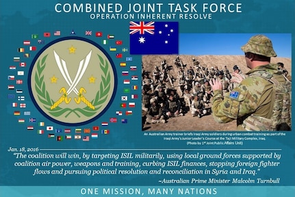 Australia is one of the key training partners at the Iraqi Army-run training facility noncommissioned officer (NCO) academy located at Taji Military Complex, Iraq.

 Australia is part of a ‪coalition‬ of more than 60 international partners that has united to assist and support the Iraqi Security Forces to degrade and defeat ‪‎Daesh‬. This unity between coalition partners has contributed to Iraq’s significant progress in halting Daesh's momentum and in some places reversing it.