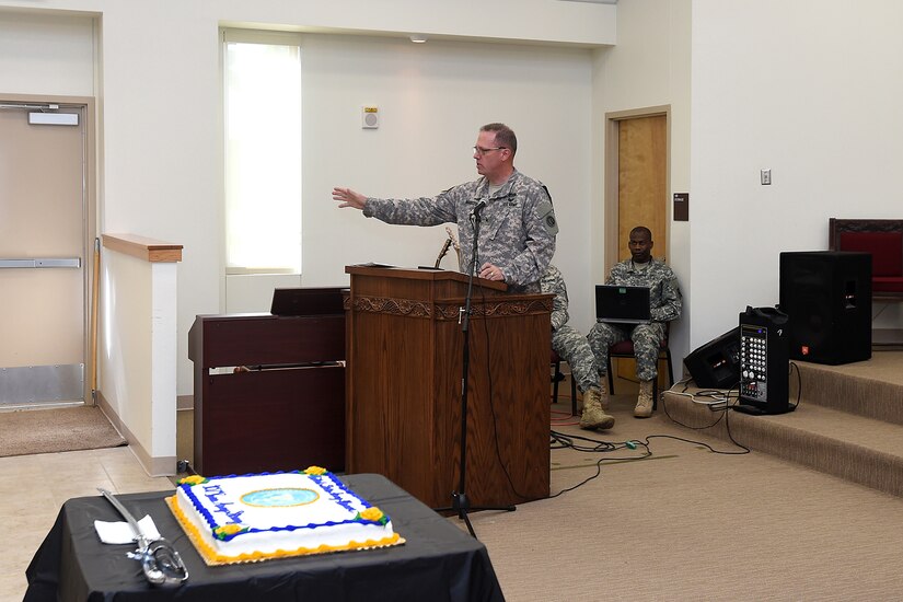 Brig. Gen. Frederick R. Maiocco, Jr. commanding general, 85th Support Command and deputy commanding general, First Army Division West; gives remarks during a 107th birthday anniversary of the Army Reserve at the North Fort Hood Chapel, May 2. Maiocco who serves as an Army Reserve commander in Chicago, and deputy commander with the Fort Hood active component command, First Army Division West, shared the capabilities of the Army Reserve and its unique relationship with its AC partner there. The official birth date of the Army Reserve is April 23, 1908. (U.S. Army photo by Sgt. 1st Class Anthony L. Taylor/Released)