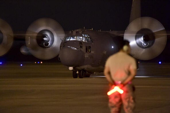 An MC-130H Combat Talon II prepares to taxi on the flightline at Hurlburt Field, Fla., March 14, 2016. Air Commandos participated in a mobility exercise to showcase their ability to deploy at a moment’s notice ‘Any Time, Any Place.’ (U.S. Air Force photo by Senior Airman Jeff Parkinson)